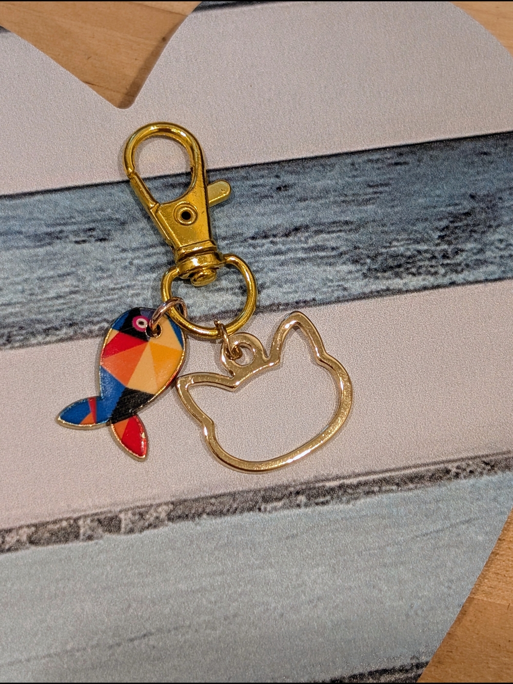 Gold Cat Outline & Colorful Fish Keychain Charm